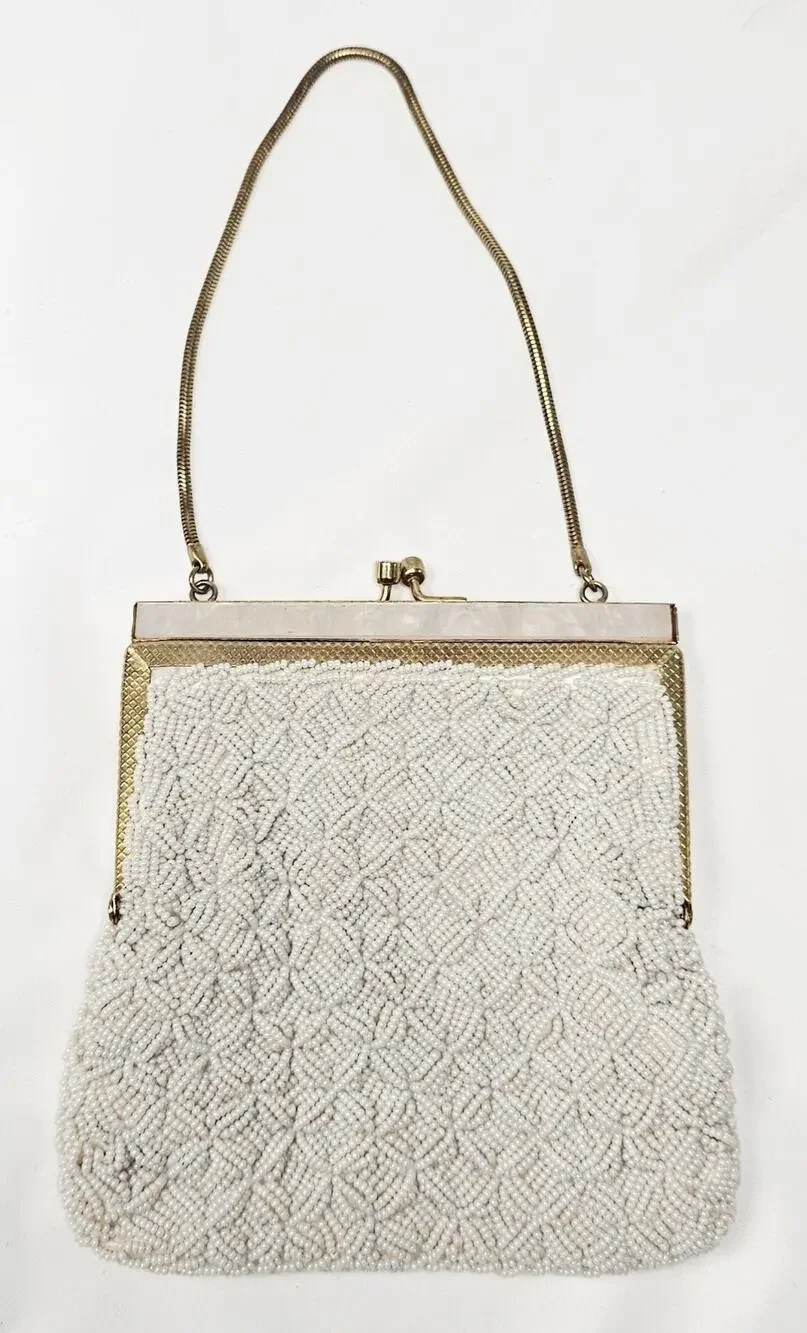 Vtg Walborg Micro Beaded Evening Bag w/Kiss Lock, Mother Of Pearl Trim HongKong